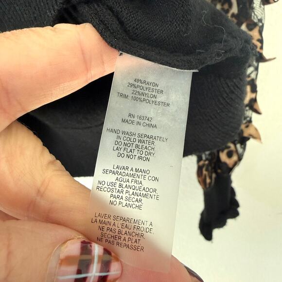 Sioni Milano Black Sweater Leopard Lace Appliqué Sleeve Detail Size L Chic Glam - Picture 6 of 6